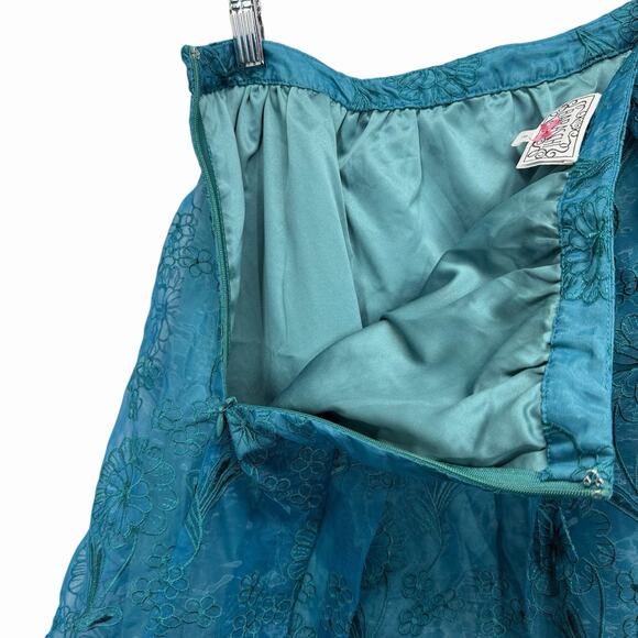 Yoana Baraschi A-Line Skirt Womens Sz 8 Teal 3D Floral Embroidered Mesh Lined - Picture 6 of 9